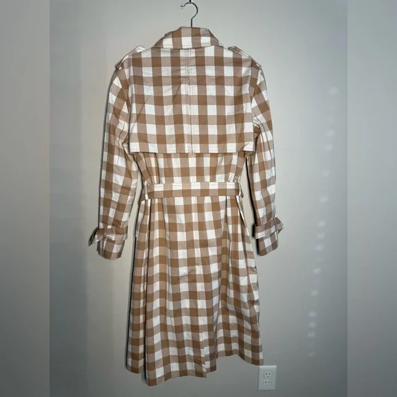 Ann Taylor Trench Coat Womens Medium Tan White Checked Double-Breasted Classic - Picture 4 of 5